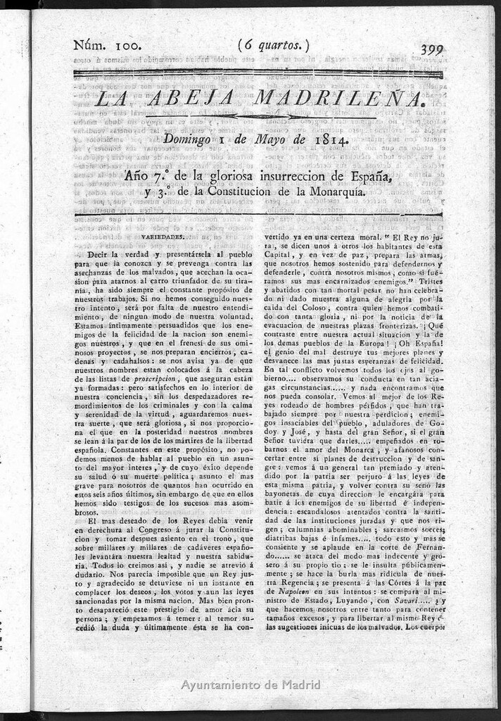 Miniatura de La Abeja Madrileña del domingo 1 de mayo de 1814