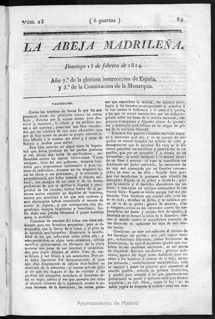 Miniatura de La Abeja Madrileña del domingo 13 de febrero de 1814