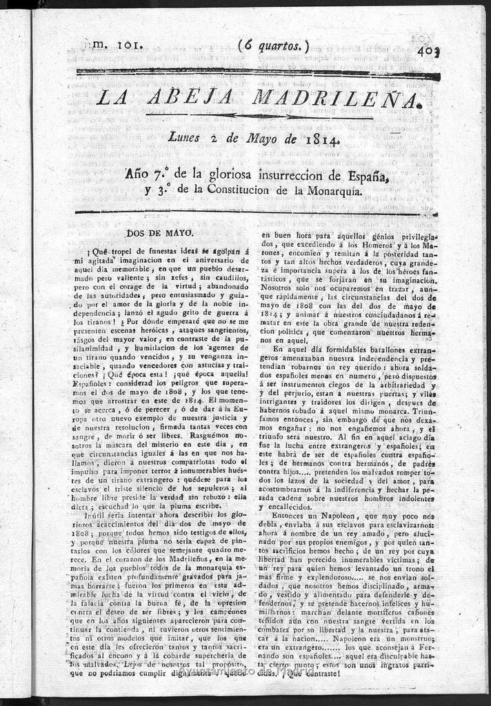 Miniatura de La Abeja Madrileña del lunes 2 de mayo de 1814