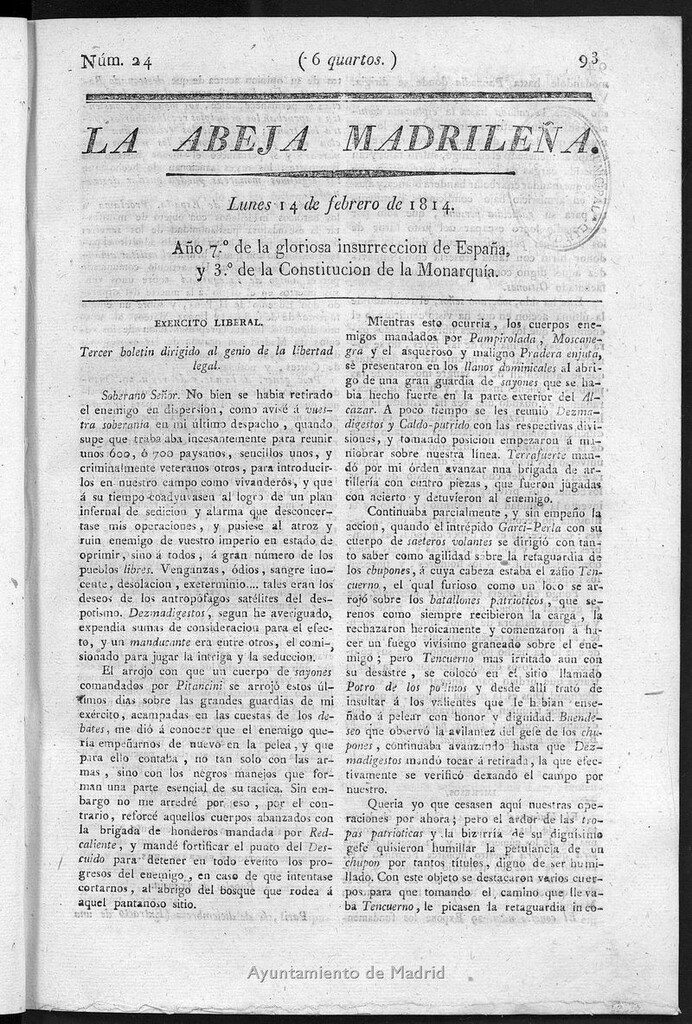 Miniatura de La Abeja Madrileña del lunes 14 de febrero de 1814