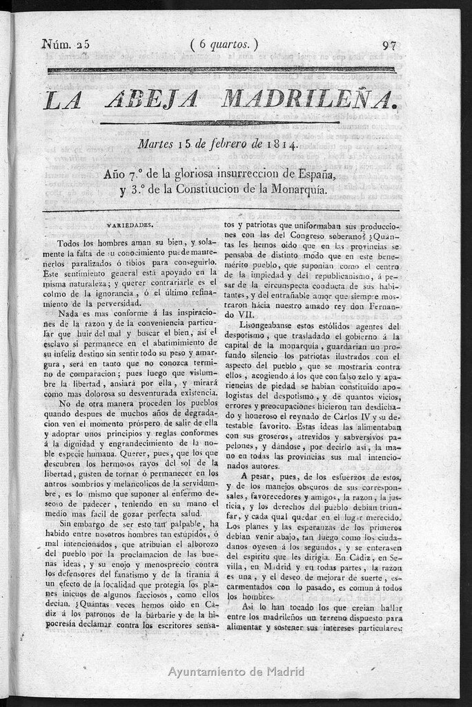 Miniatura de La Abeja Madrileña del martes 15 de febrero de 1814