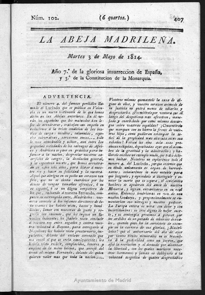 Miniatura de La Abeja Madrileña del martes 3 de mayo de 1814
