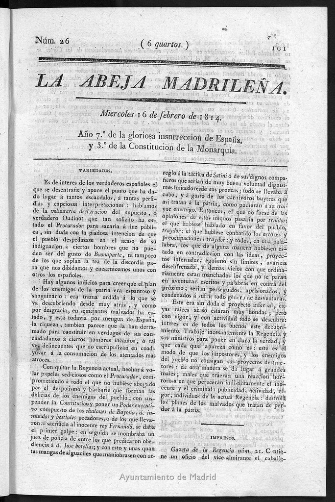 Miniatura de La Abeja Madrileña del miércoles 16 de febrero de 1814