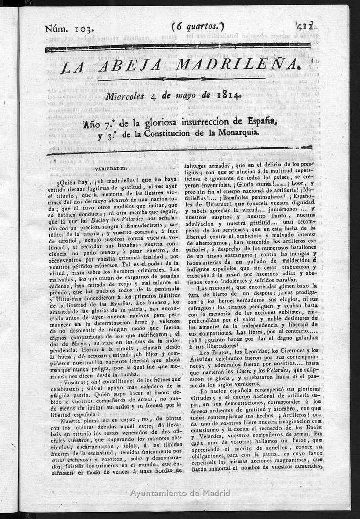 Miniatura de La Abeja Madrileña del miércoles 4 de mayo de 1814