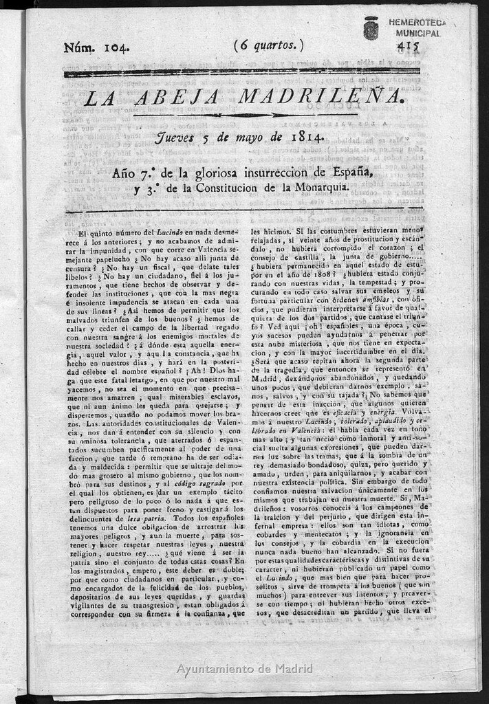 Miniatura de La Abeja Madrileña del jueves 5 de mayo de 1814