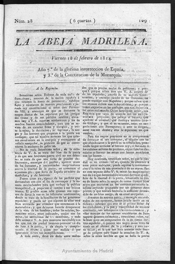 Miniatura de La Abeja Madrileña del viernes 18 de febrero de 1814