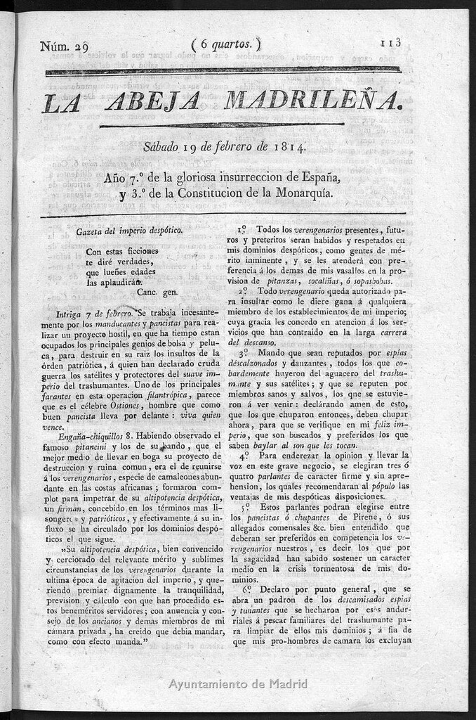 Miniatura de La Abeja Madrileña del sábado 19 de febrero de 1814