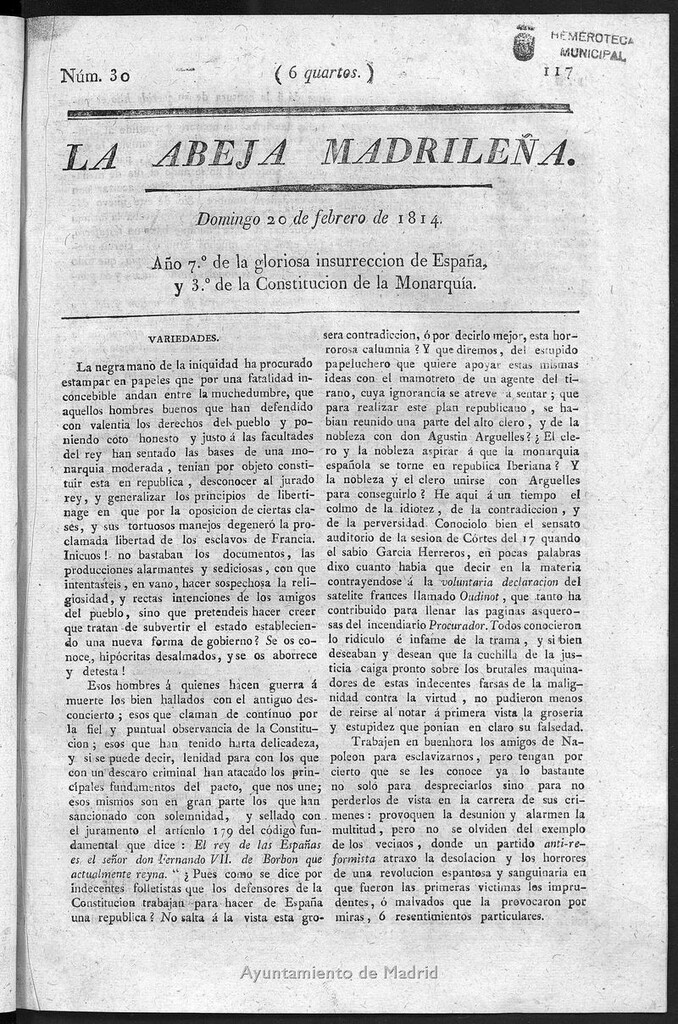 Miniatura de La Abeja Madrileña del domingo 20 de febrero de 1814