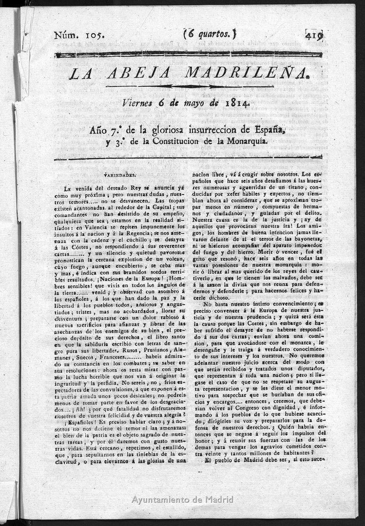 Miniatura de La Abeja Madrileña del viernes 6 de mayo de 1814