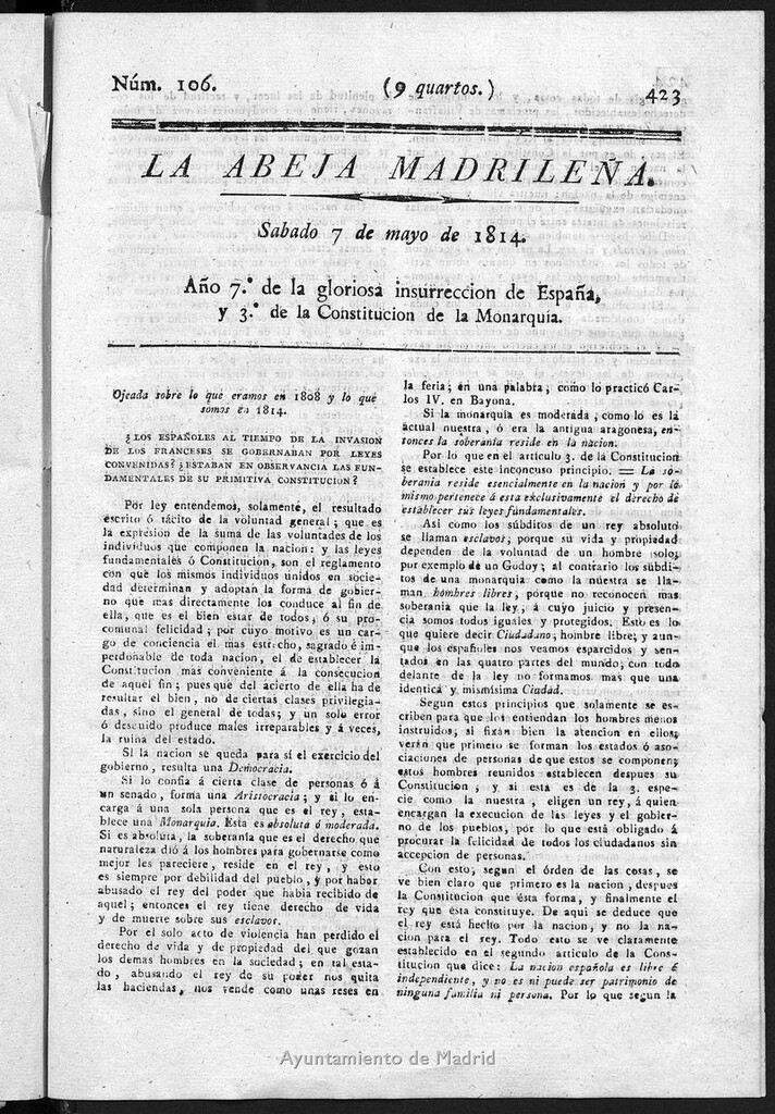 Miniatura de La Abeja Madrileña del sábado 7 de mayo de 1814