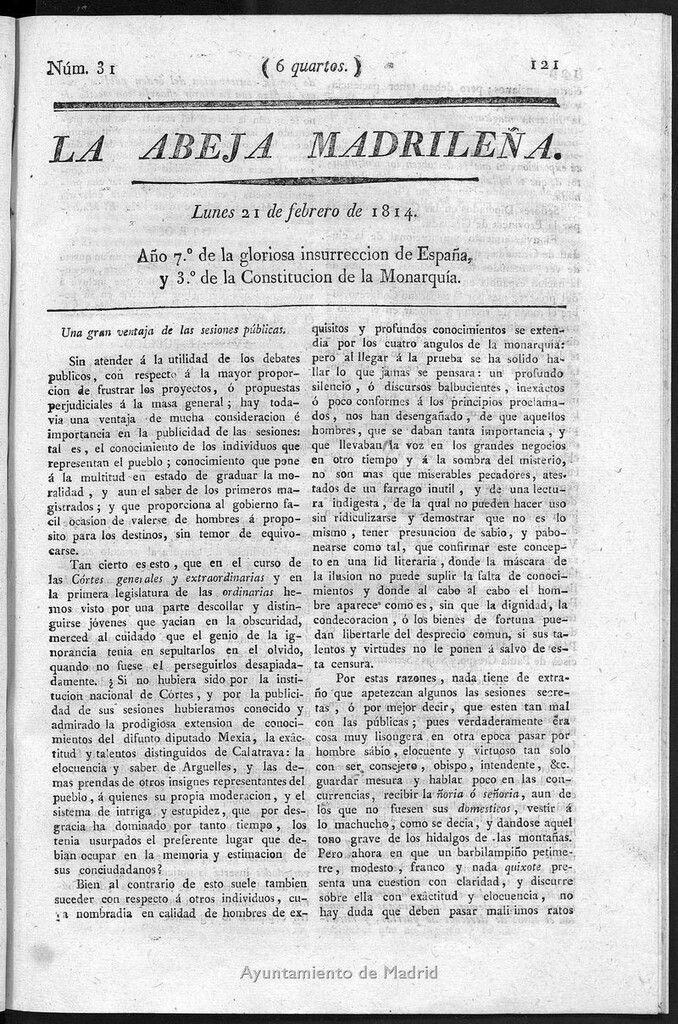 Miniatura de La Abeja Madrileña del lunes 21 de febrero de 1814