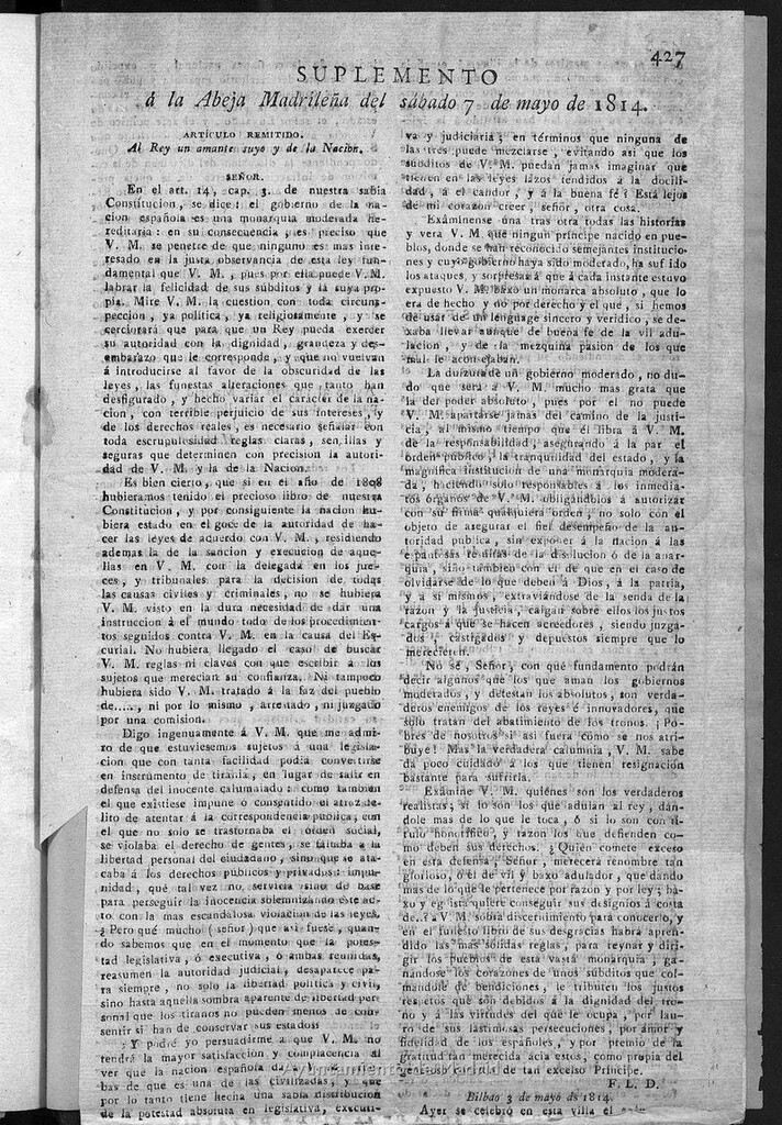 Miniatura de Suplemento de La Abeja Madrileña del sábado 7 de mayo de 1814