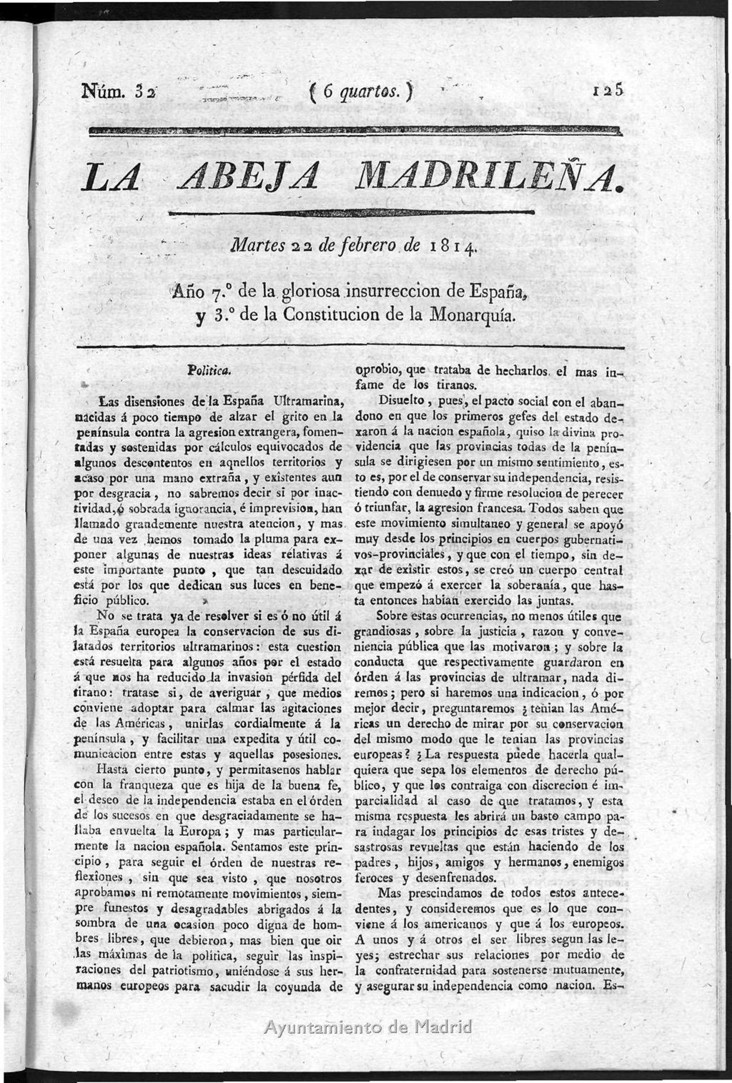 Miniatura de La Abeja Madrileña del martes 22 de febrero de 1814