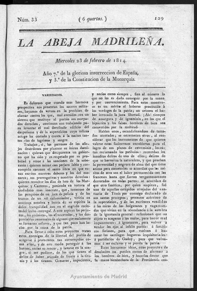 Miniatura de La Abeja Madrileña del miércoles 23 de febrero de 1814