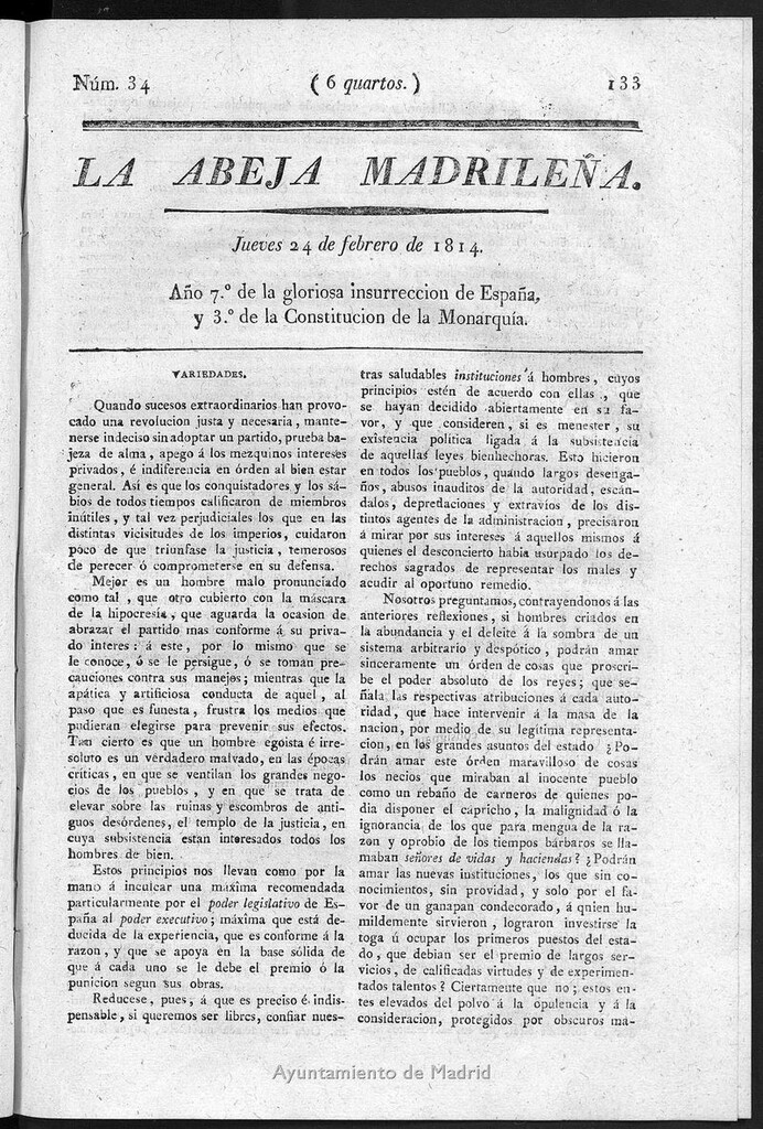Miniatura de La Abeja Madrileña del jueves 24 de febrero de 1814