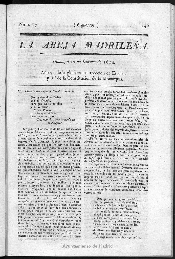 Miniatura de La Abeja Madrileña del domingo 27 de febrero de 1814