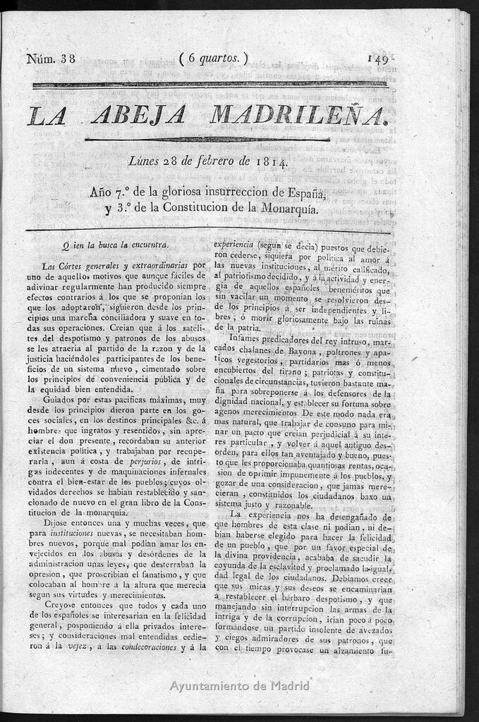 Miniatura de La Abeja Madrileña del lunes 28 de febrero de 1814