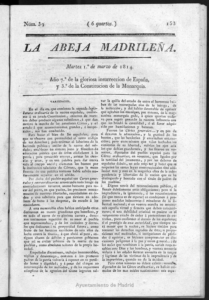 Miniatura de La Abeja Madrileña del martes 1 de marzo de 1814