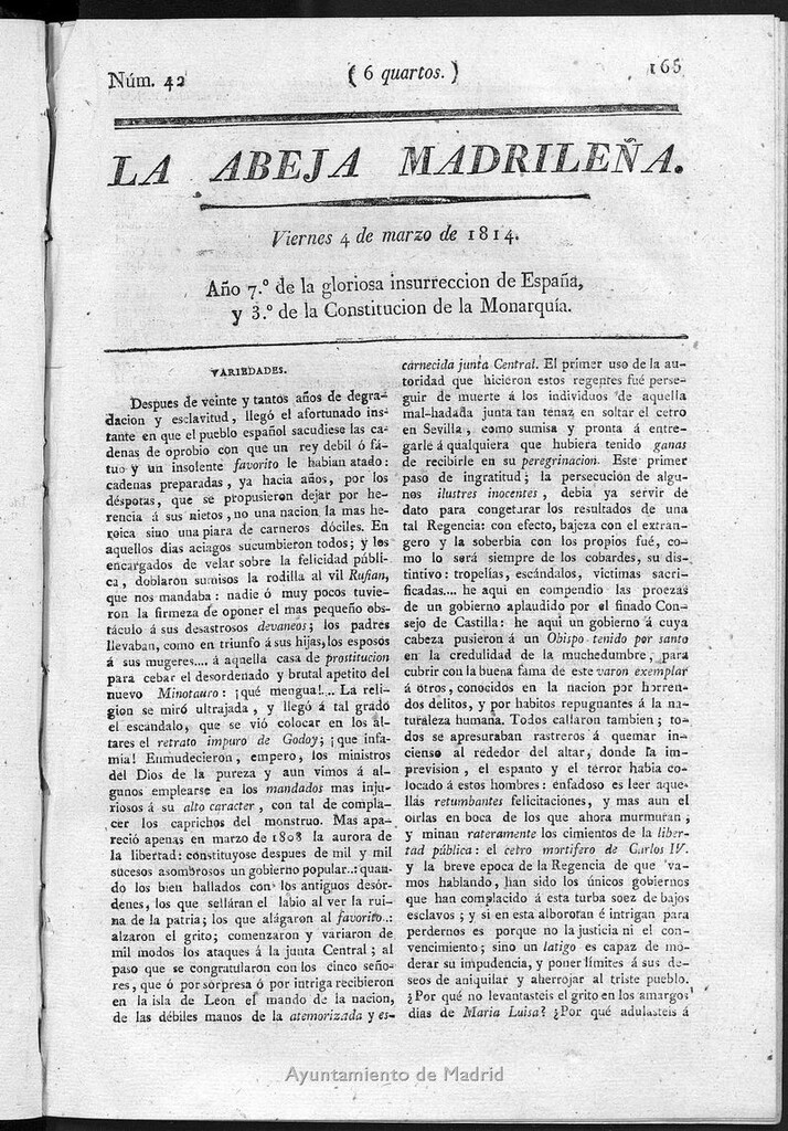 Miniatura de La Abeja Madrileña del viernes 4 de marzo de 1814