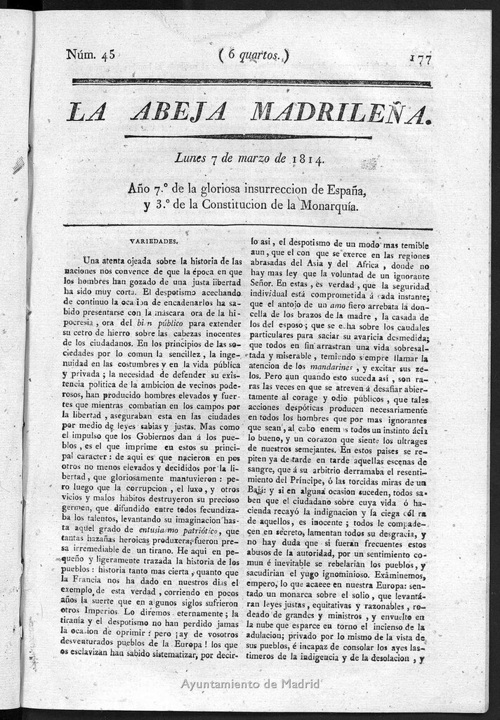 Miniatura de La Abeja Madrileña del lunes 7 de marzo de 1814