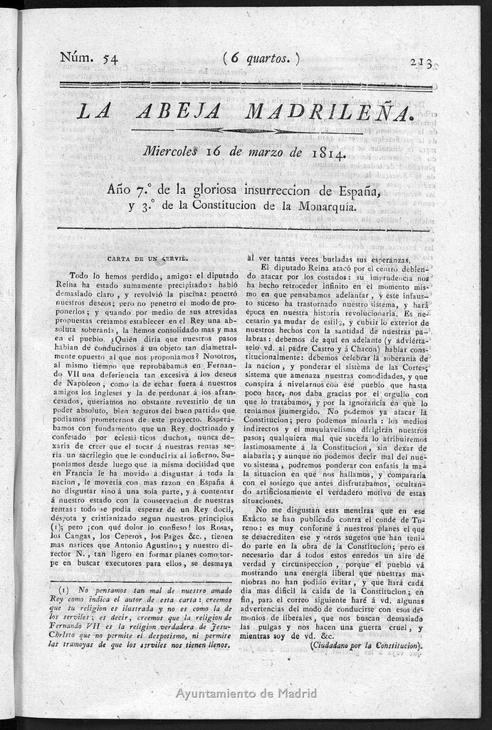 Miniatura de La Abeja Madrileña del miércoles 16 de marzo de 1814