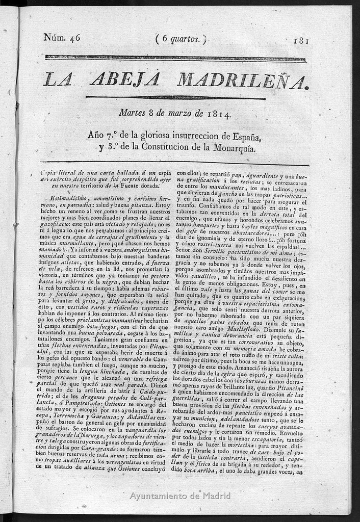 Miniatura de La Abeja Madrileña del martes 8 de marzo de 1814