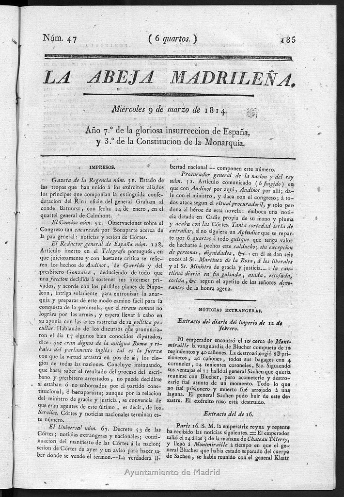Miniatura de La Abeja Madrileña del miércoles 9 de marzo de 1814
