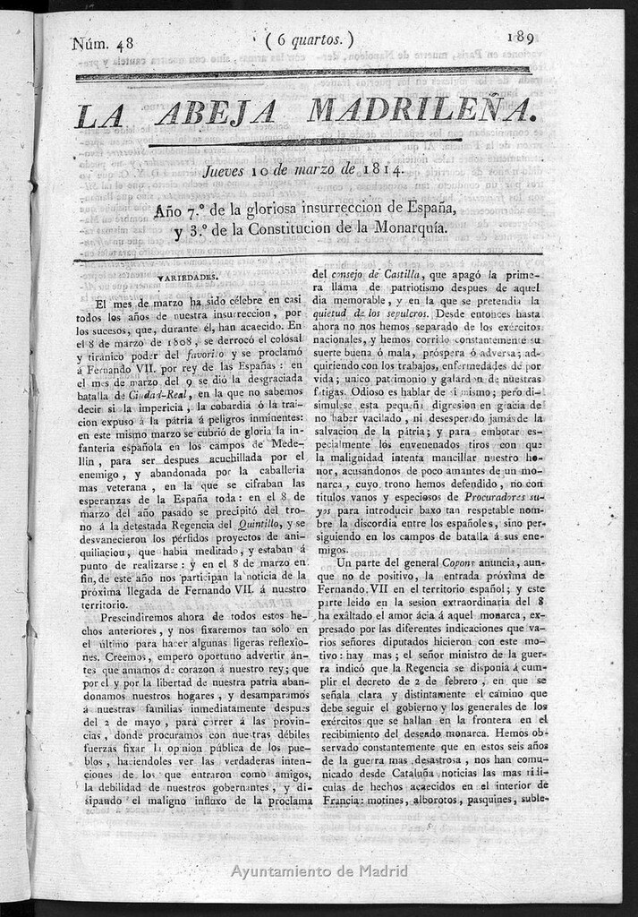 Miniatura de La Abeja Madrileña del jueves 10 de marzo de 1814
