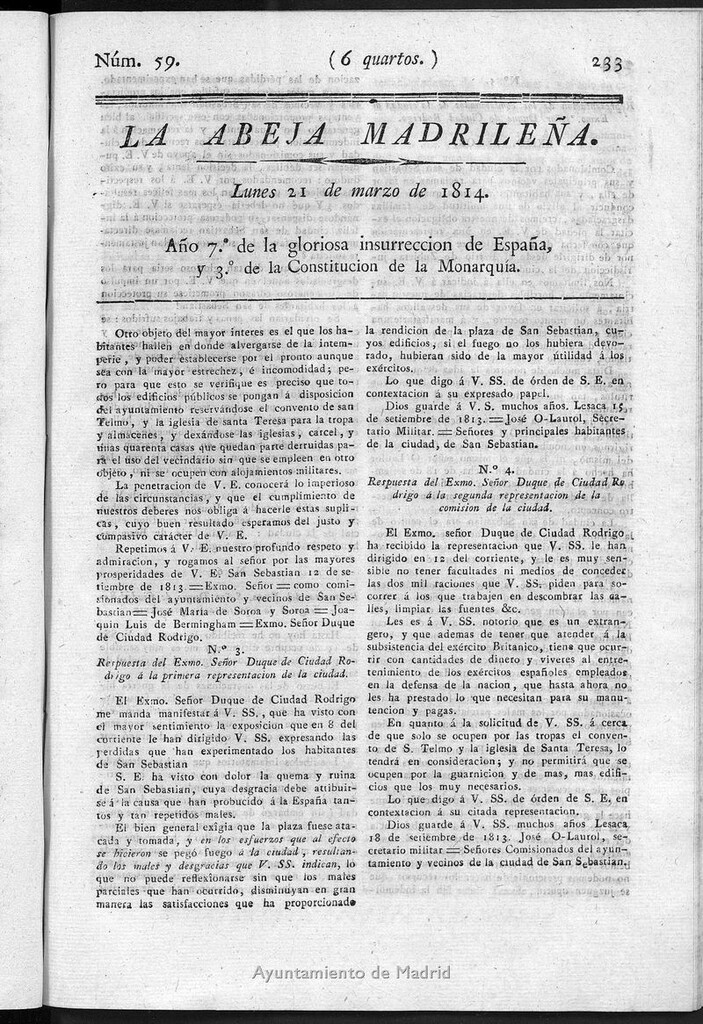 Miniatura de La Abeja Madrileña del lunes 21 de marzo de 1814
