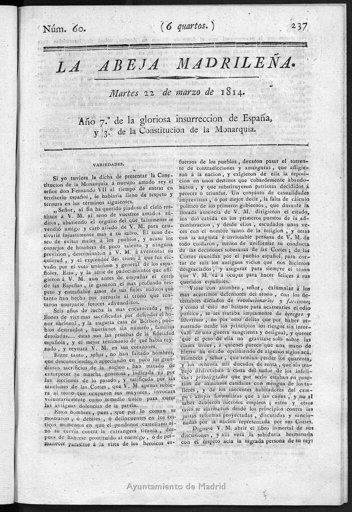 Miniatura de La Abeja Madrileña del martes 22 de marzo de 1814