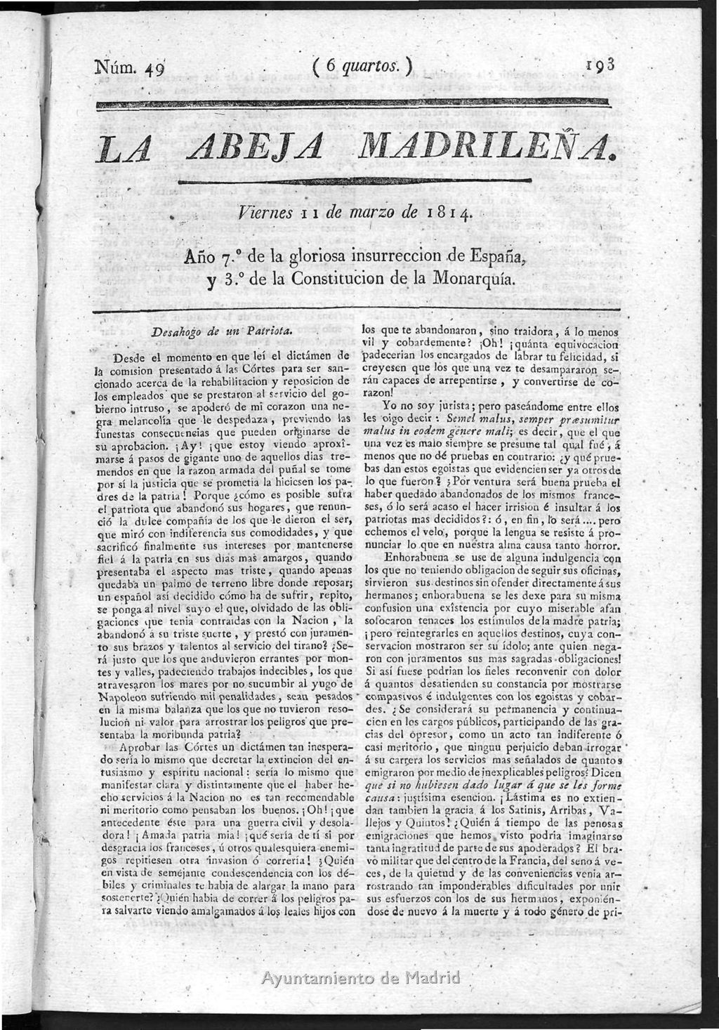 Miniatura de La Abeja Madrileña del viernes 11 de marzo de 1814