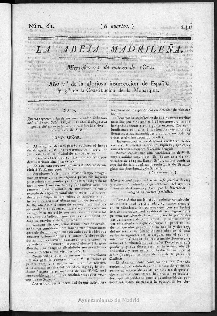 Miniatura de La Abeja Madrileña del miércoles 23 de marzo de 1814