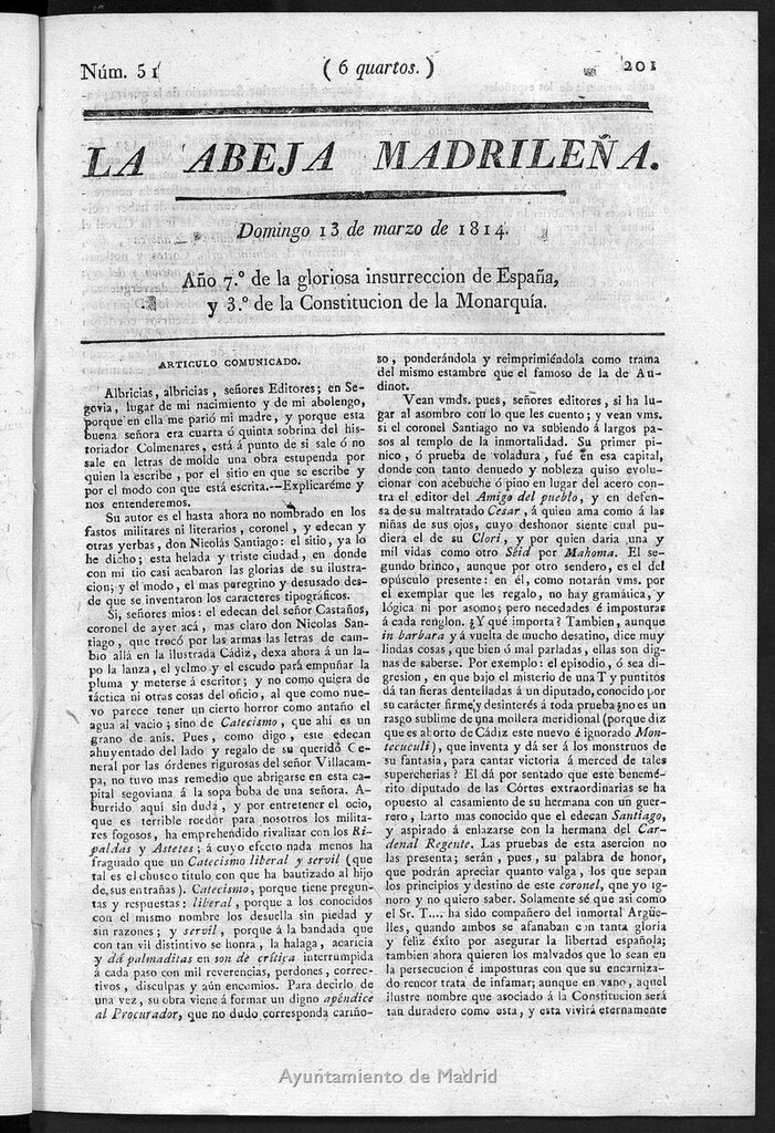 Miniatura de La Abeja Madrileña del domingo 13 de marzo de 1814