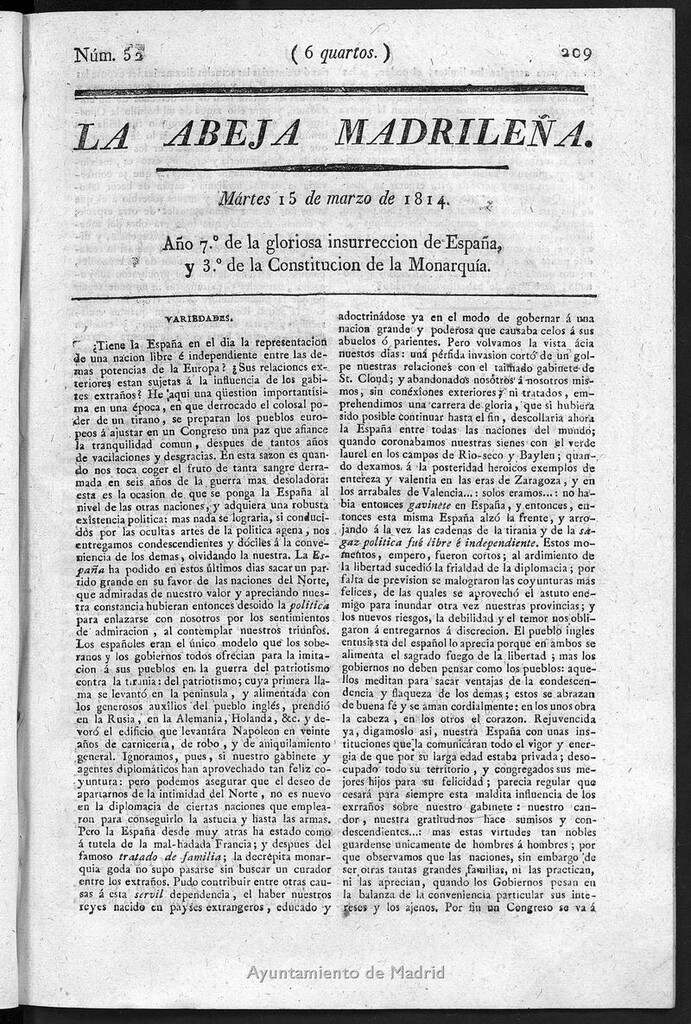Miniatura de La Abeja Madrileña del martes 15 de marzo de 1814
