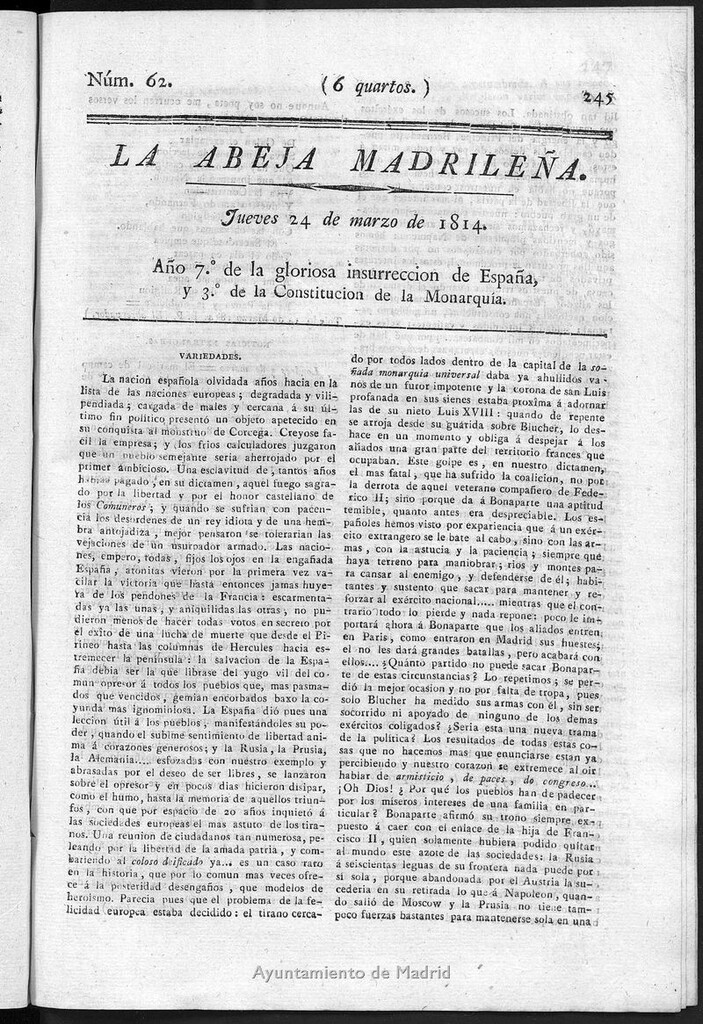 Miniatura de La Abeja Madrileña del jueves 24 de marzo de 1814
