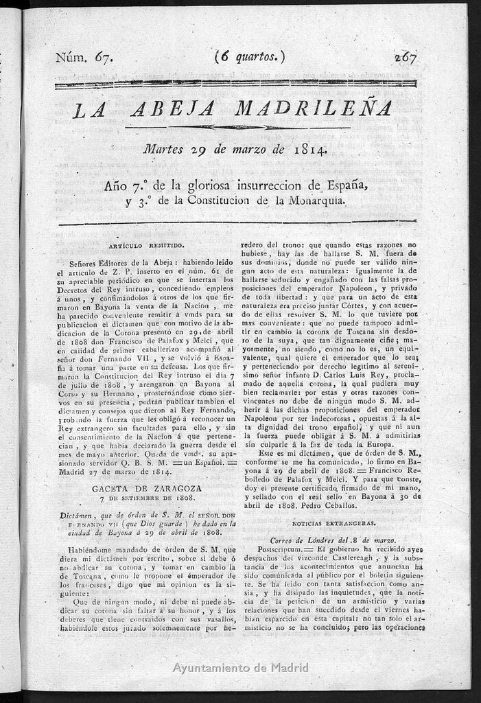 Miniatura de La Abeja Madrileña del martes 29 de marzo de 1814