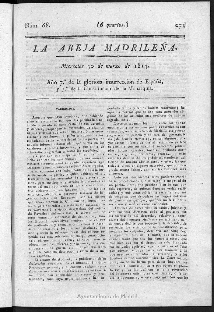 Miniatura de La Abeja Madrileña del miércoles 30 de marzo de 1814
