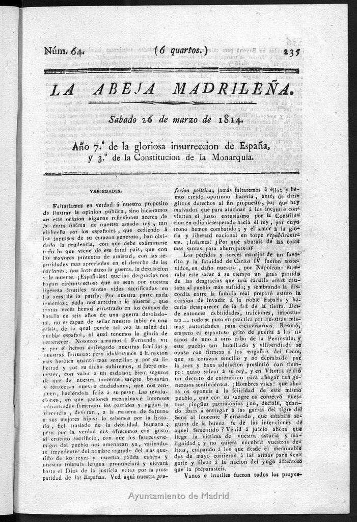 Miniatura de La Abeja Madrileña del sabado 26 de marzo de 1814