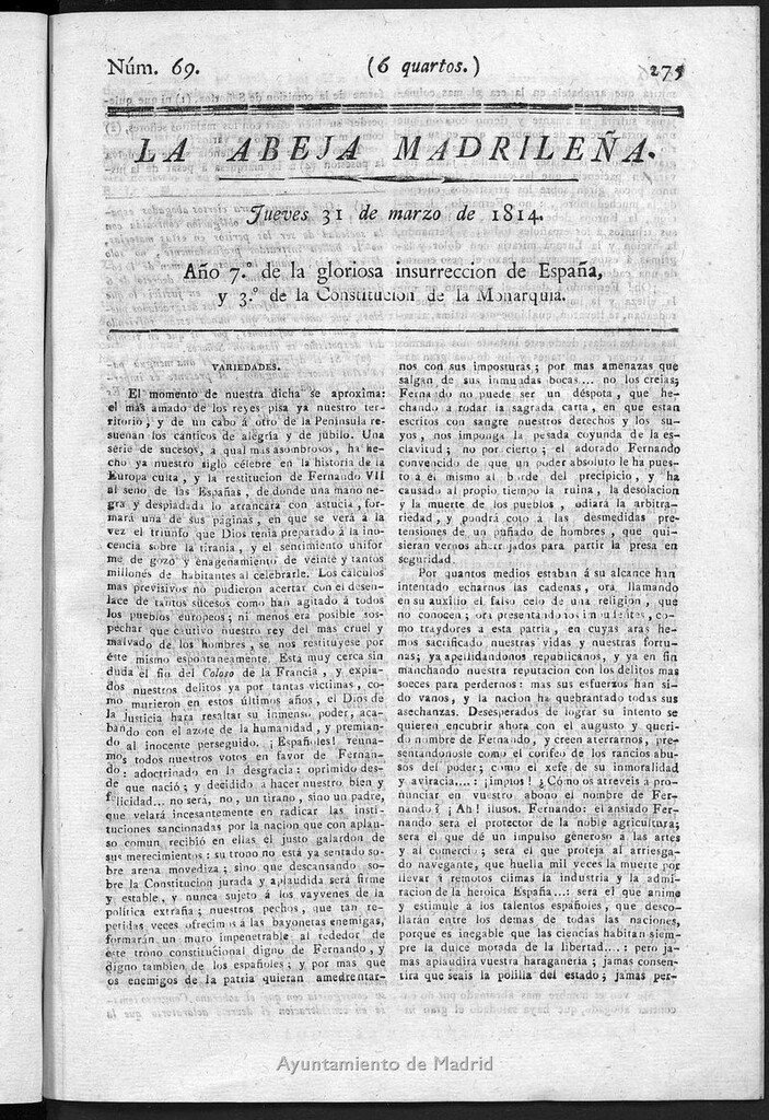 Miniatura de La Abeja Madrileña del jueves 31 de marzo de 1814