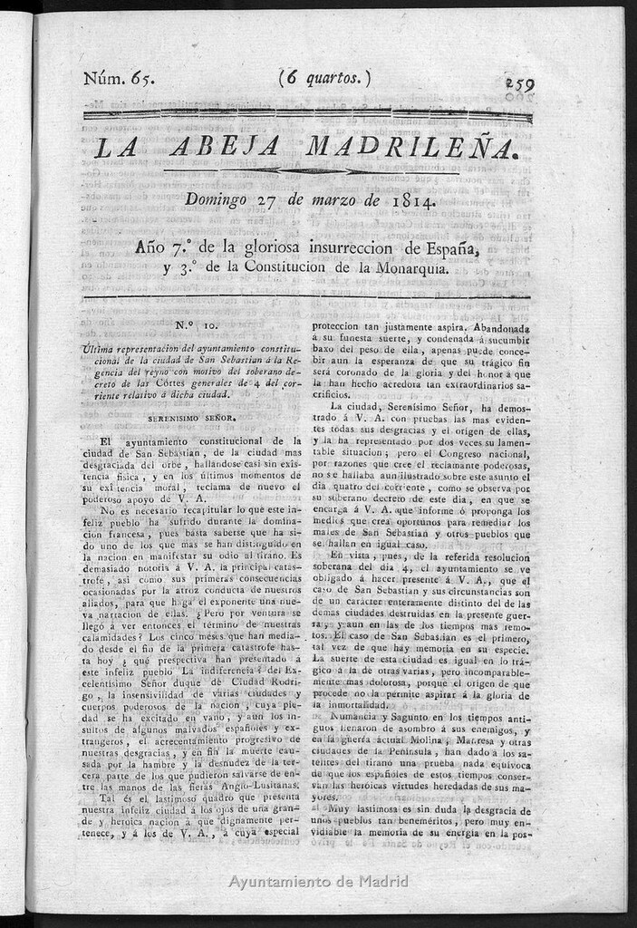 Miniatura de La Abeja Madrileña del domingo 27 de marzo de 1814