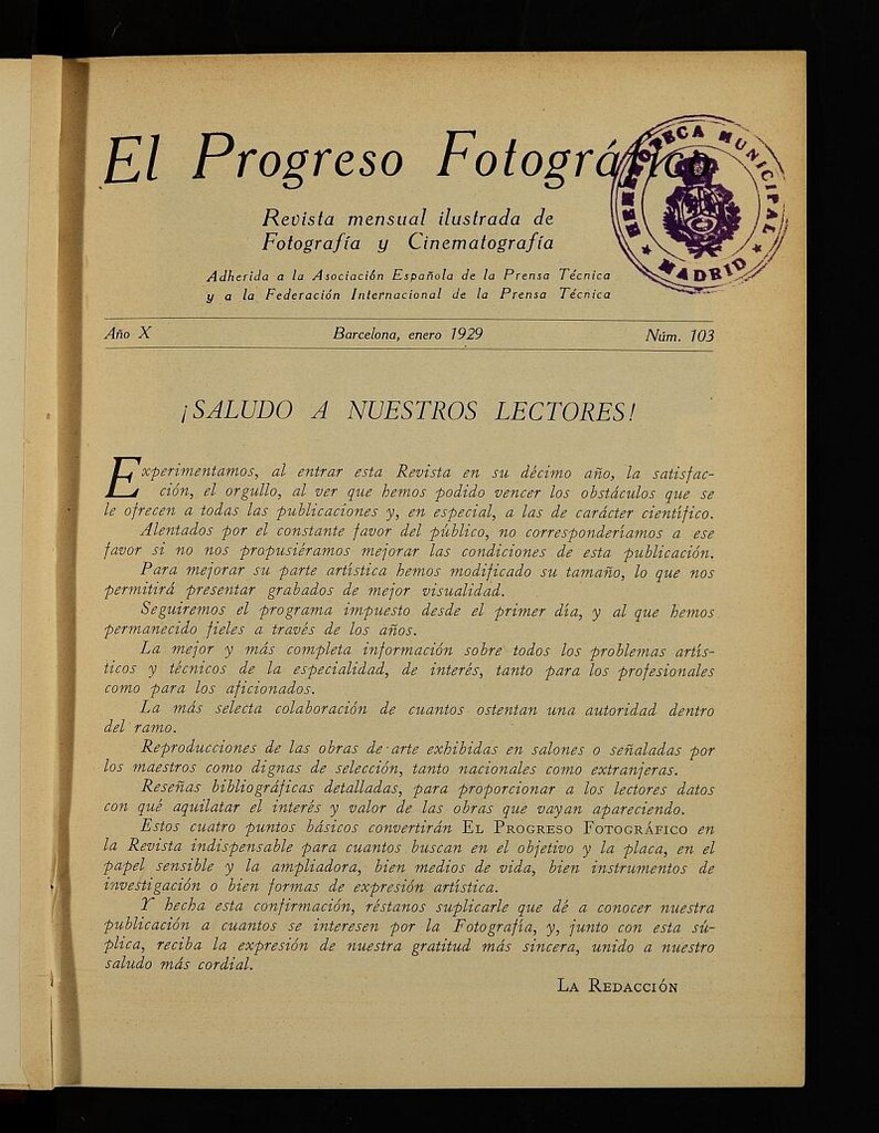 Miniatura de El Progreso Fotográfico : revista mensual ilustrada de fotografía y cinematografía, año X, enero de 1929, nº 103