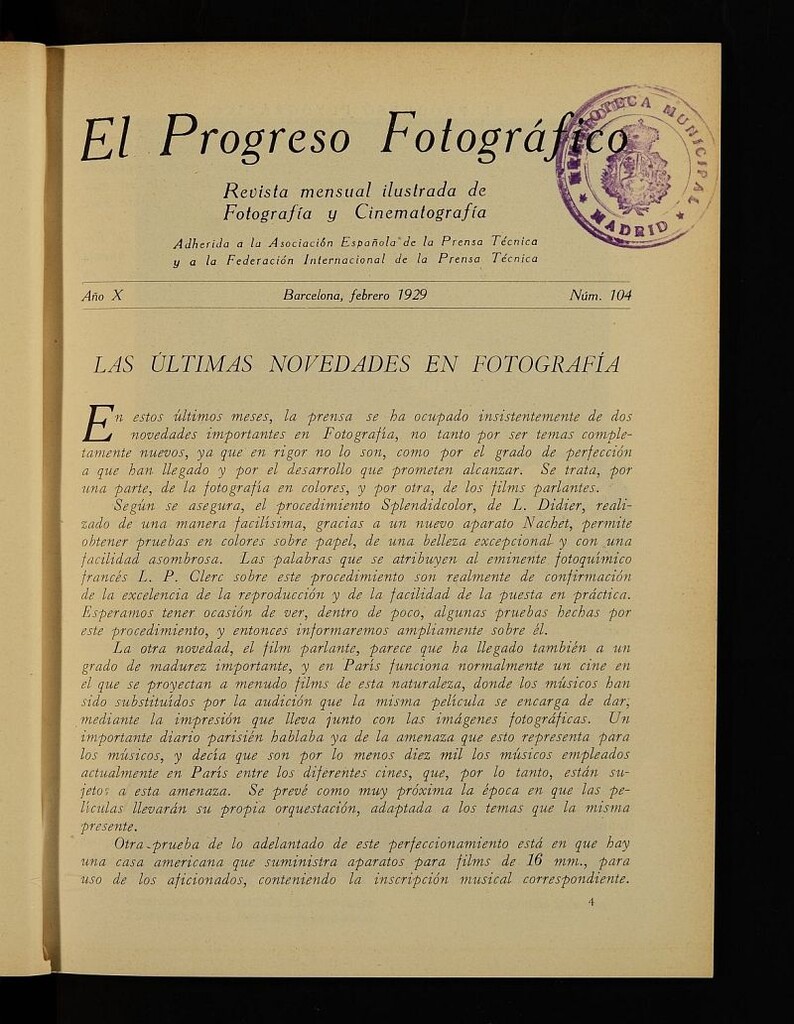 Miniatura de El Progreso Fotográfico : revista mensual ilustrada de fotografía y cinematografía.Año X, febrero de 1929, nº 104