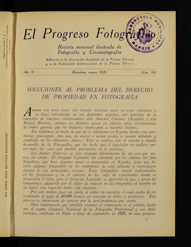 Miniatura de El Progreso Fotográfico : revista mensual ilustrada de fotografía y cinematografía.Año X, marzo de 1929, nº 105