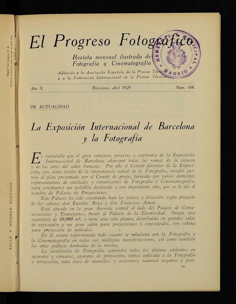 Miniatura de El Progreso Fotográfico : revista mensual ilustrada de fotografía y cinematografía .Año X, abril de 1929, nº 106