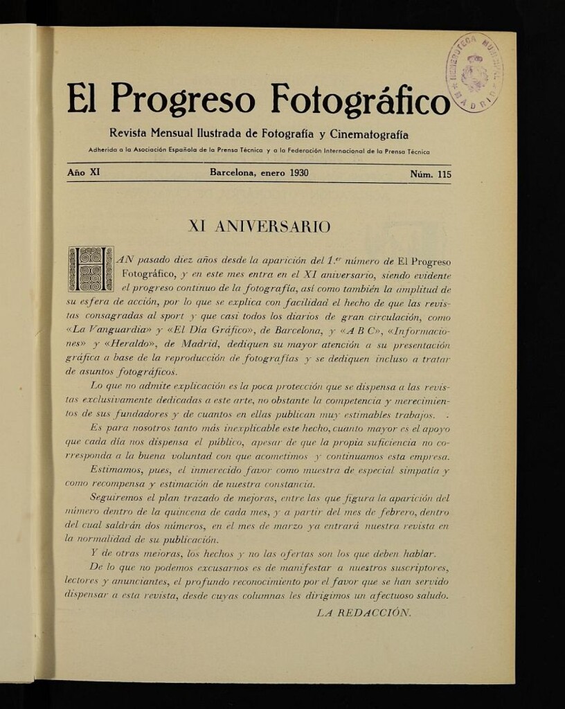 Miniatura de El Progreso Fotográfico : revista mensual ilustrada de fotografía y cinematografía. Año XI, enero de 1930, nº 115