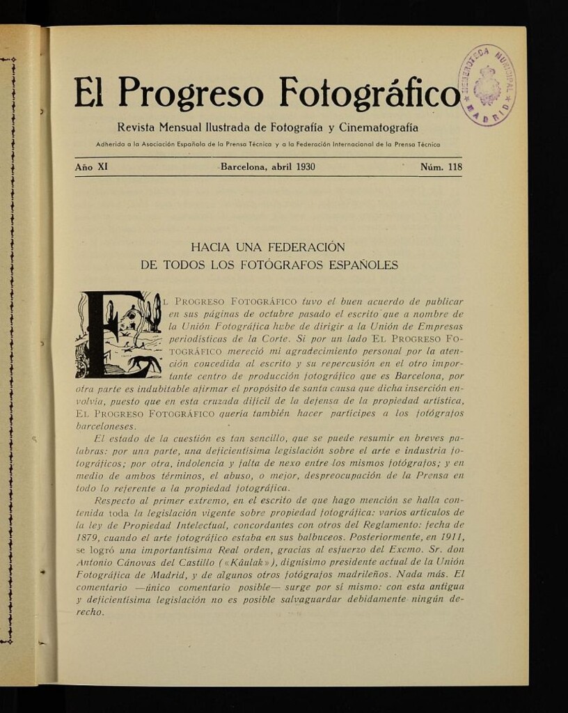 Miniatura de El Progreso Fotográfico : revista mensual ilustrada de fotografía y cinematografía. Año XI, abril de 1930, nº 118