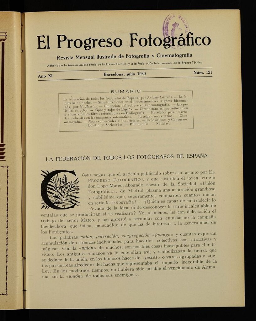 Miniatura de El Progreso Fotográfico : revista mensual ilustrada de fotografía y cinematografía. Año XI, julio de 1930, nº 121