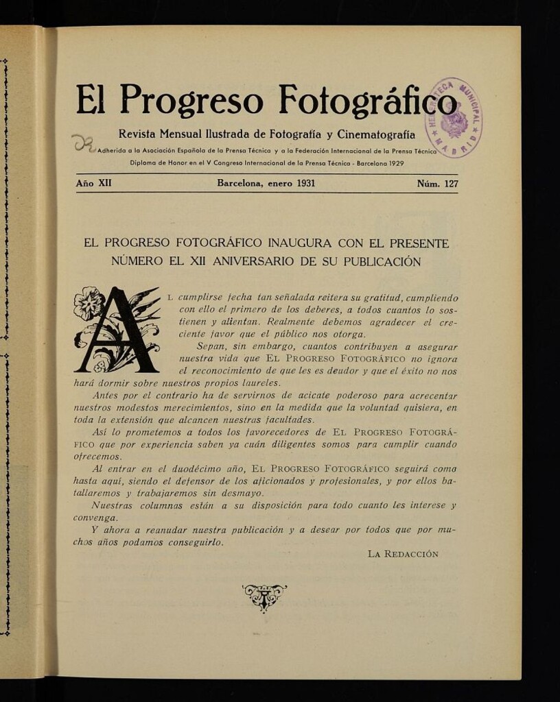 Miniatura de El Progreso Fotográfico : revista mensual ilustrada de fotografía y cinematografía. Año XII, enero de 1931, nº 127