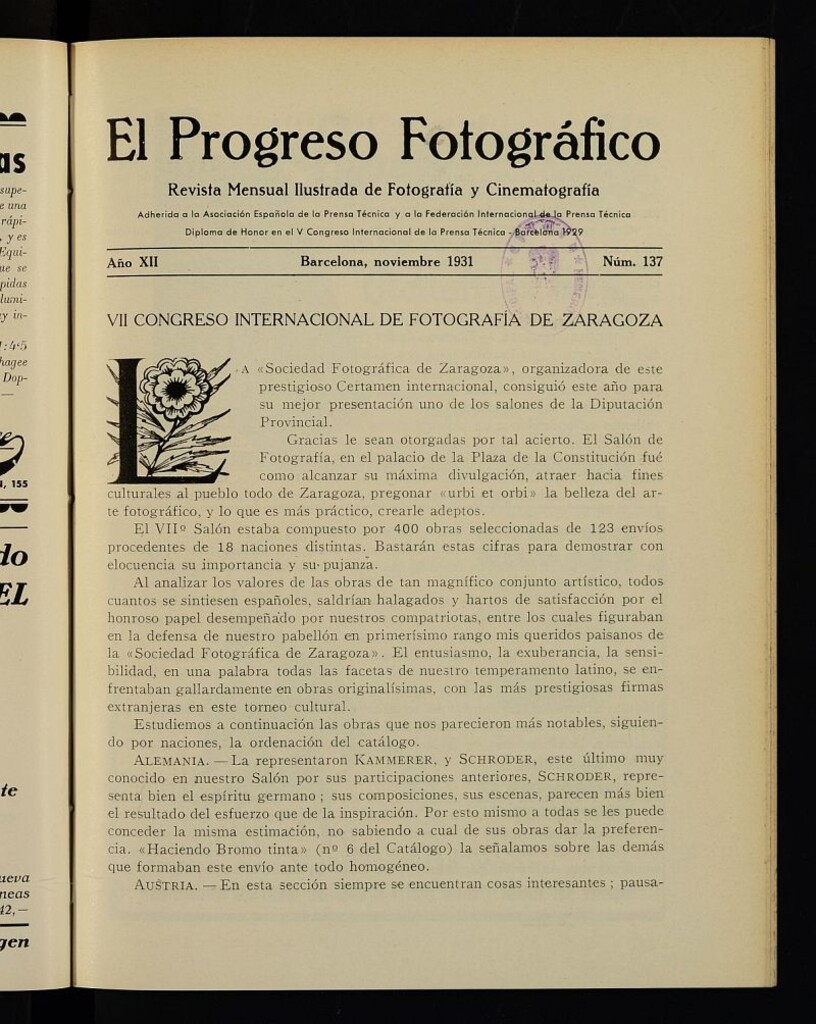 Miniatura de El Progreso Fotográfico : revista mensual ilustrada de fotografía y cinematografía. Año XII, noviembre de 1931, nº 137