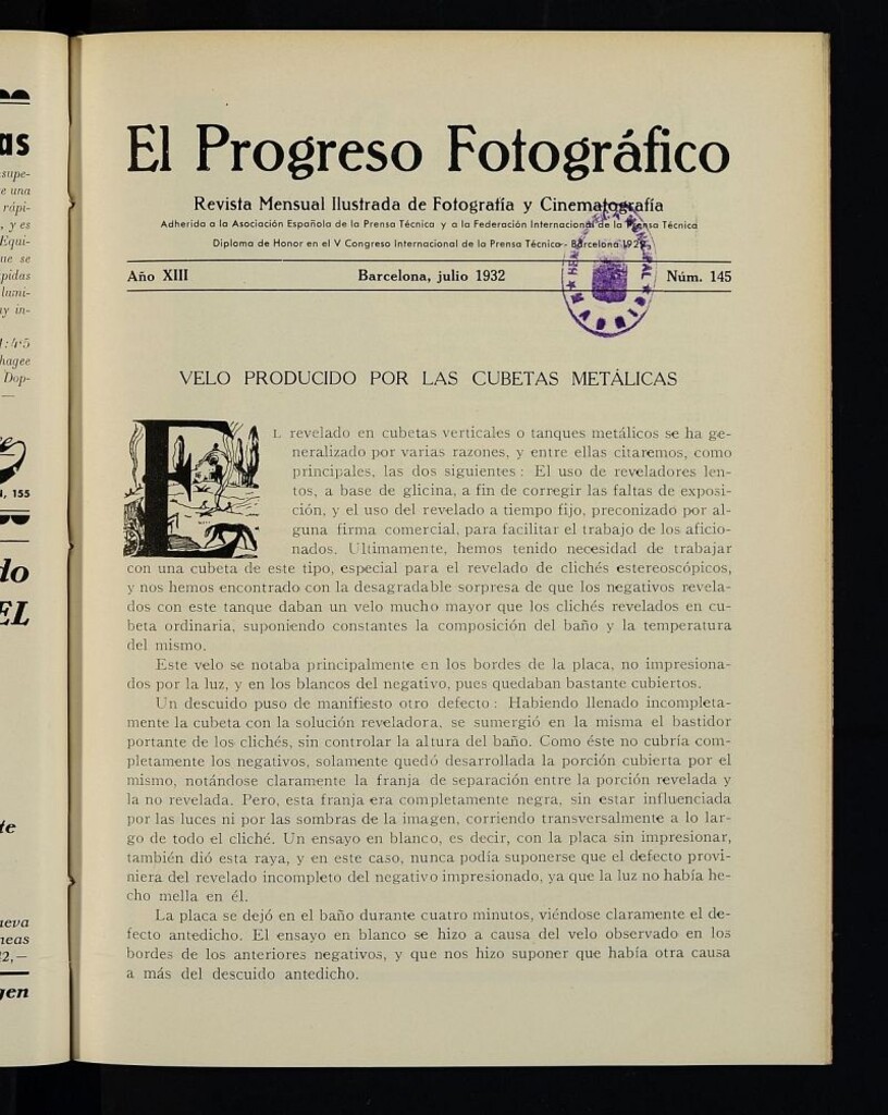 Miniatura de El Progreso Fotográfico : revista mensual ilustrada de fotografía y cinematografía. Año XIII, julio de 1932, nº 145